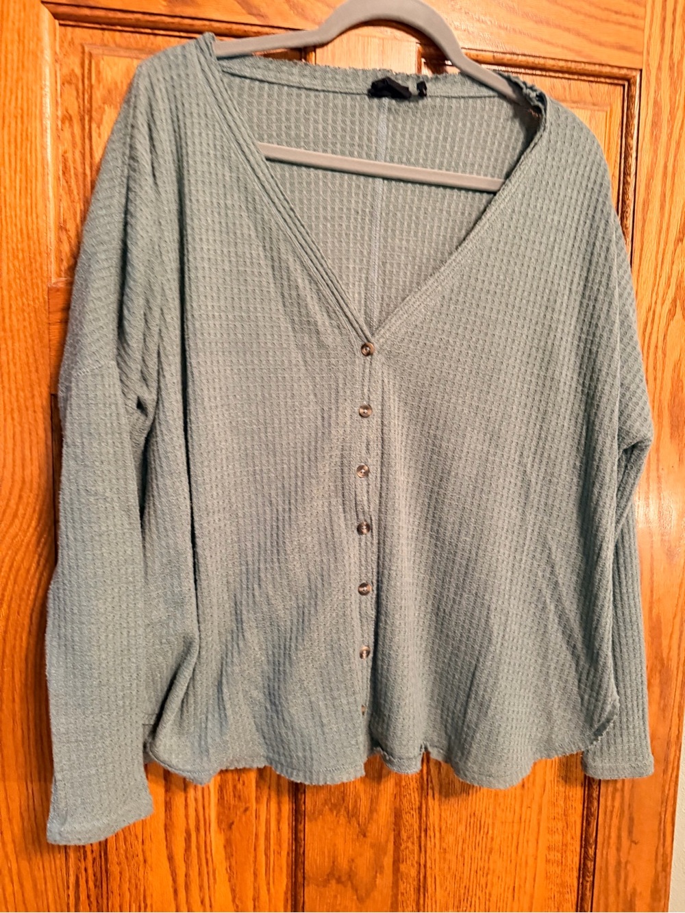 Urban Outfitters Sage Green V-Neck Button Waffle Knit Top
